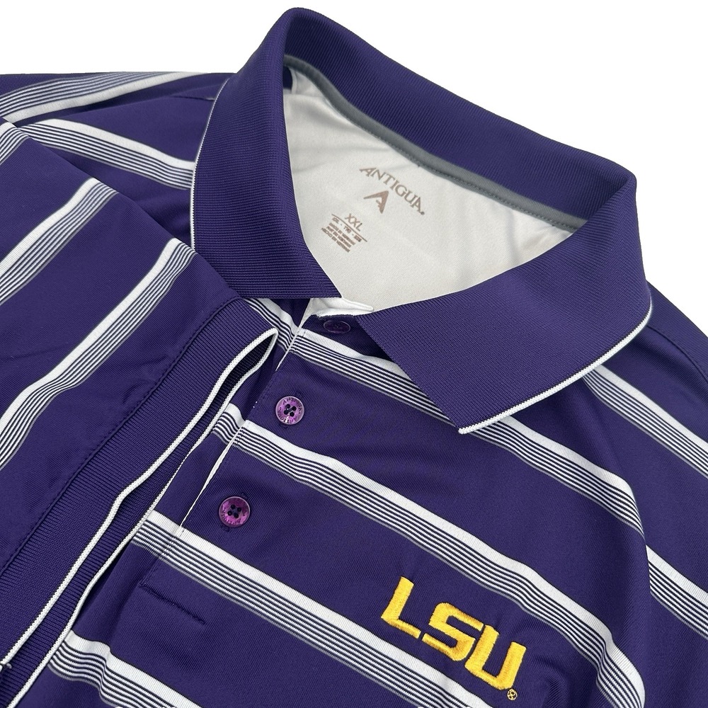 Antigua LSU Tigers Polo Shirt Mens XXL Purple Striped Short Sleeve NCAA Gameday